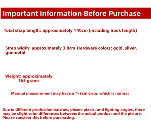 Size specifications for 140cm adjustable crossbody strap with 3.8cm width and hardware colors
