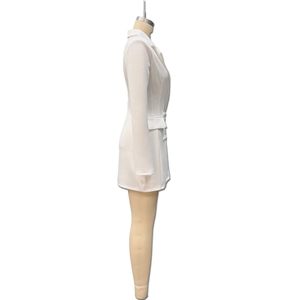 Detailed side view of a white deep V-neck blazer dress with elegant double-breasted buttons