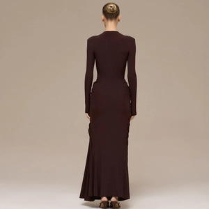Elegant long sleeve coffee bodycon dress with side ruching and metal detail, back view