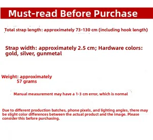 Detailed size chart for bag strap showing width 2.5cm and length 73-130cm with hardware colors