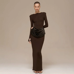 Élégante Robe Maxi Moulante à Manches Longues pour Femmes avec Fronces Sexy Polyester Élasthanne Coupe Slim Longueur Sol Soirée