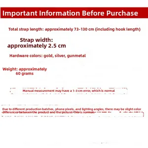 Adjustable jacquard strap details with dimensions 73-130cm length and 2.5cm width