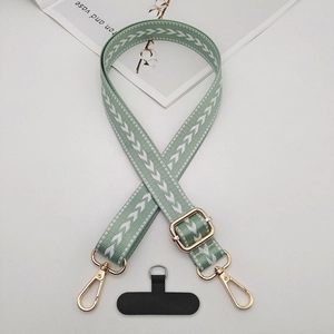 Detail of adjustable woven mint green phone strap with gold metal hooks and connector