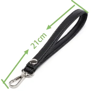 Black leather wristlet strap with 21cm length, metal lobster clasp and stitch detail