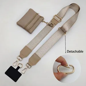 Adjustable wide woven shoulder strap set with mini triple zipper purse and gold hardware