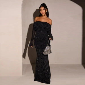 Sparkly off-shoulder long sleeve bodycon dress in black with silver sequins and glitter