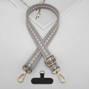 Detail of adjustable gray woven crossbody phone strap with gold hardware and connector