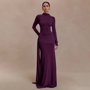 Women Sexy High Neck Long Sleeve Ruched Maxi Dress Elegant Floor Length Polyester Spandex Streamer Evening Gown