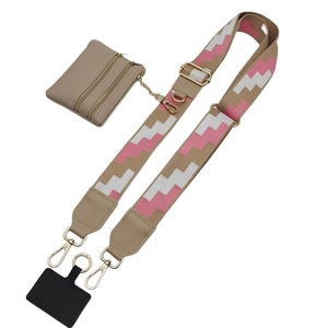 Adjustable woven crossbody strap with geometric pattern, coin purse, and phone connector