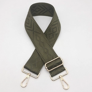 Adjustable 5cm wide jacquard canvas shoulder strap with gold hooks in olive green