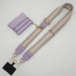Lavender woven cross-body phone strap set with leather wallet and golden metal hardware