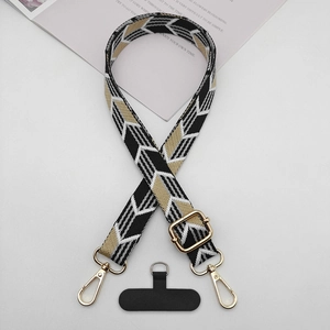 Adjustable geometric arrow patterned phone strap with gold metal hooks and connectors