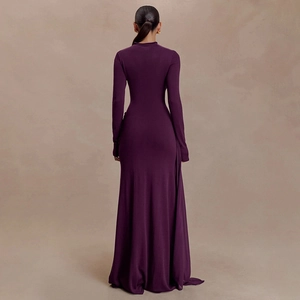 Elegant deep purple slim fit long sleeve maxi dress featuring a high neck and sleek back