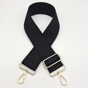 Detail of 5cm wide adjustable black canvas shoulder strap with golden metal lobster clasps