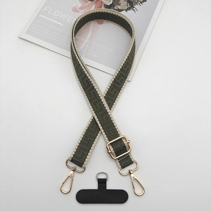 Detail of green and beige woven phone strap with gold hardware and adjustment buckle