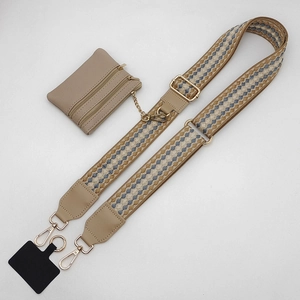 Adjustable woven strap with khaki geometry pattern and mini leather coin purse