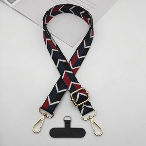 Adjustable geometric arrow patterned phone strap with gold metal carabiner and black patch