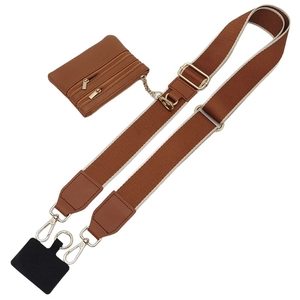 Brown braided crossbody phone strap with detachable coin purse and gold metal hardware