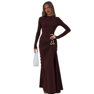 Brown long sleeve bodycon dress with waist metal buckle and elegant ruched detailing