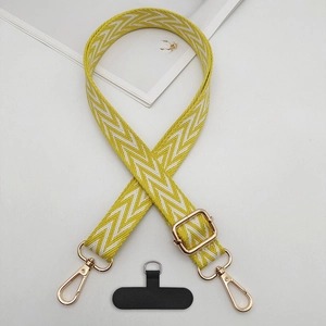 Adjustable wide woven phone lanyard with yellow pattern and gold metal hooks