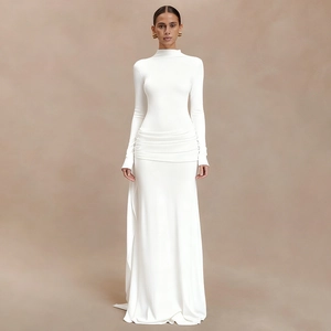 Elegant white slim fit maxi dress with long sleeves, high neck and waist pleated details