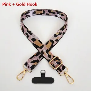 Adjustable leopard print phone lanyard with pink polyester strap and golden hooks