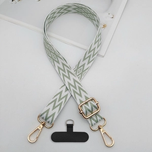 Adjustable green and white lightning jacquard phone strap with gold lobster clasps