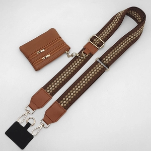 Adjustable wide woven shoulder strap with round coin purse and gold lobster clasps