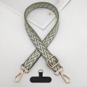 Olive green and white woven phone lanyard with adjustable strap and golden metal hooks