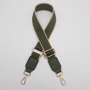 Adjustable wide canvas shoulder strap with dark green leather ends and gold metal hooks