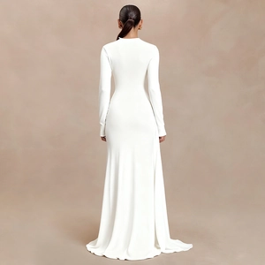 Back view of elegant white long sleeve slim maxi dress with floor-length draping