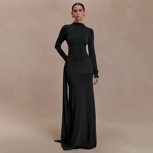 Elegant black slim-fit long-sleeve maxi dress with pleated waist detailing and long streamers