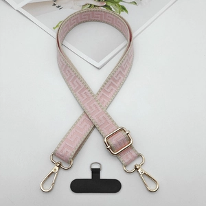 Pink and beige jacquard woven phone strap with gold metal hooks and adjustable buckle