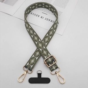 Detail of jacquard geometric phone strap with gold metal hooks and black connector pad