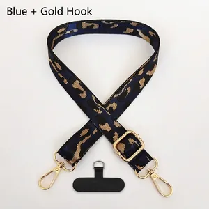 Detail of adjustable blue leopard jacquard phone strap with gold metal lobster clasps