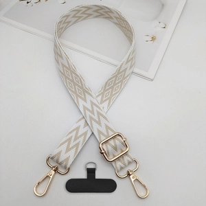 Adjustable woven phone lanyard with geometric wave patterns and gold hardware