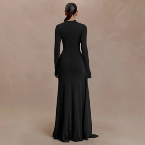 Detailed back view of an elegant black long sleeve maxi dress with pleated drape details