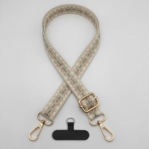 Adjustable crossbody phone strap with colorful geometric pattern and gold hooks