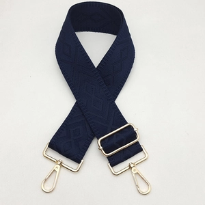 Adjustable 5cm wide navy blue canvas bag strap with geometric patterns and gold metal clips