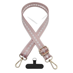 Adjustable gray pink woven crossbody phone lanyard with white V-pattern and gold hardware