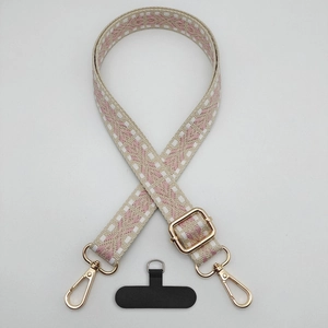 Pink and beige vintage diamond woven phone lanyard with adjustable gold buckle and hook