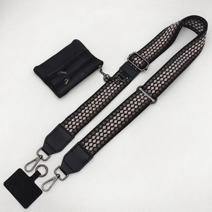 Close-up of adjustable woven shoulder strap with mini pouch and phone tether tab