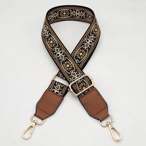 Wide ethnic style embroidered bag strap replacement with adjustable gold buckle and hardware