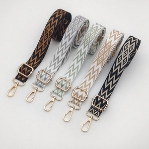 Detail of five adjustable jacquard shoulder straps with lightning patterns and gold clips