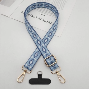 Blue geometric ethnic jacquard phone lanyard strap with gold buckle and secure patch