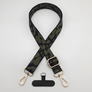 Adjustable leopard print phone lanyard with gold metal hooks and black connector pad