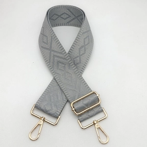Adjustable grey geometric jacquard wide shoulder strap with gold metal buckles for bags