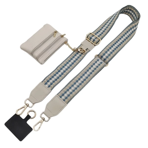 Adjustable woven crossbody strap with polka dot pattern and small zipper coin purse
