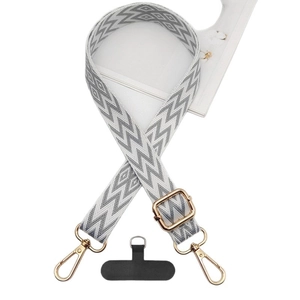 Adjustable crossbody phone lanyard with gray chevron jacquard strap and gold metal hooks