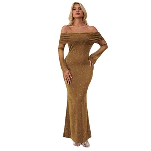 Elegant gold sequin off-the-shoulder evening dress with long sleeves and a slim fit cut